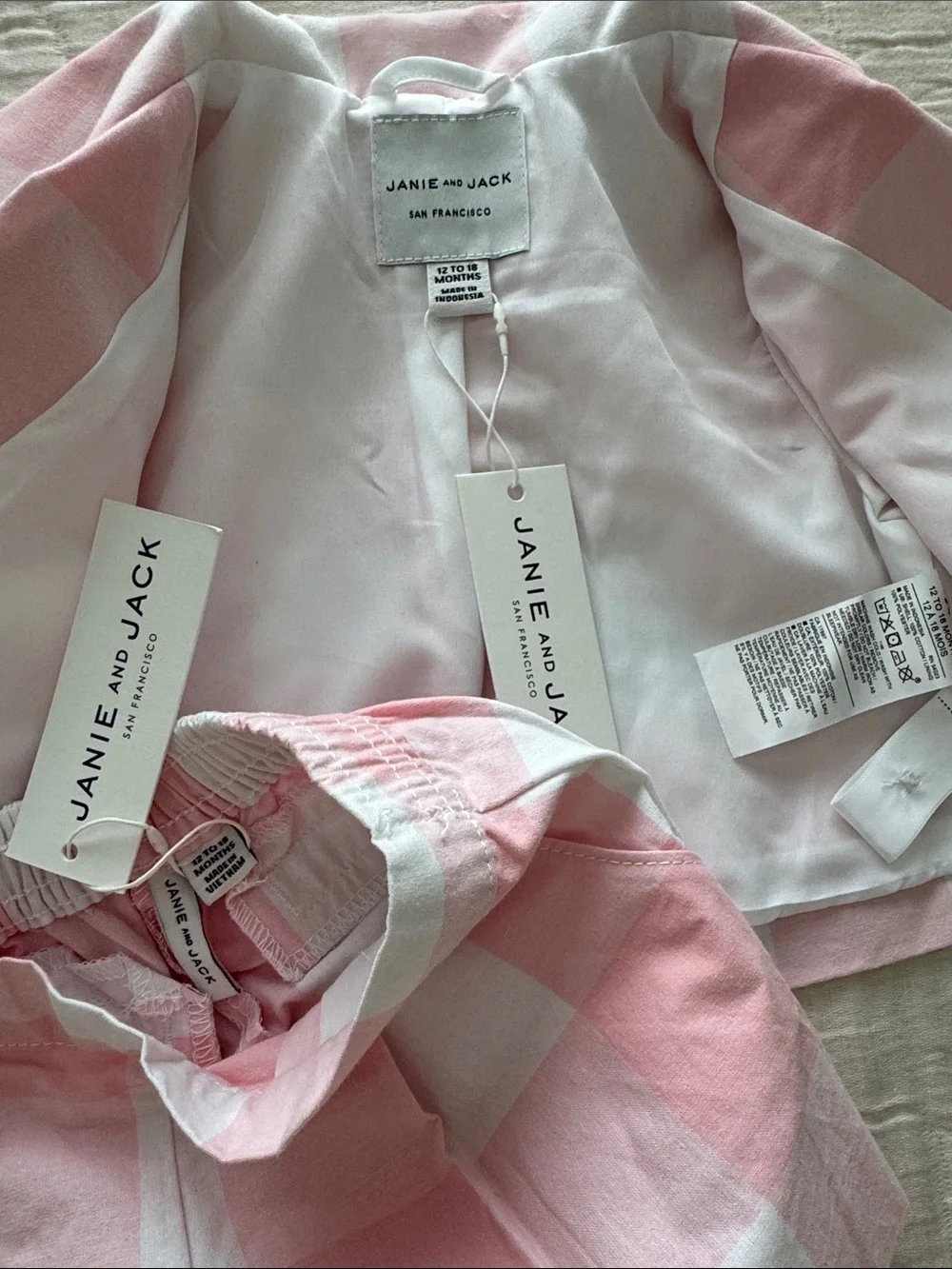 Janie & Jack NWT 2 Pc Gingham Jacket & Shorts - Pink/White, Size  12-18 months
